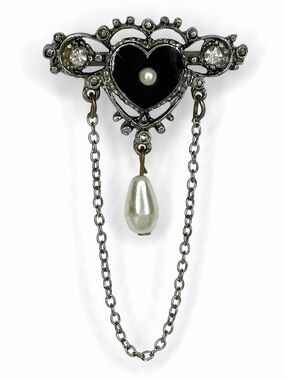 Vintage Signed Florenza Victorian Revival Mourning Heart Brooch Black Enamel